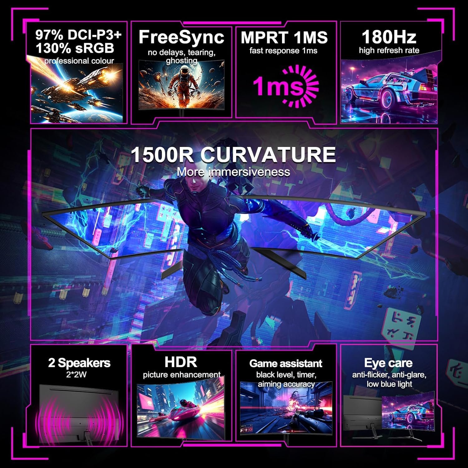 New 24" Curved Gaming Monitor, FHD 1080P, 180Hz Refresh Rate, 1ms Response, AMD FreeSync, Ultra-Slim Design, HDMI/DP, VESA Mountable #TikTokShopBacktoSchool - Bild 3